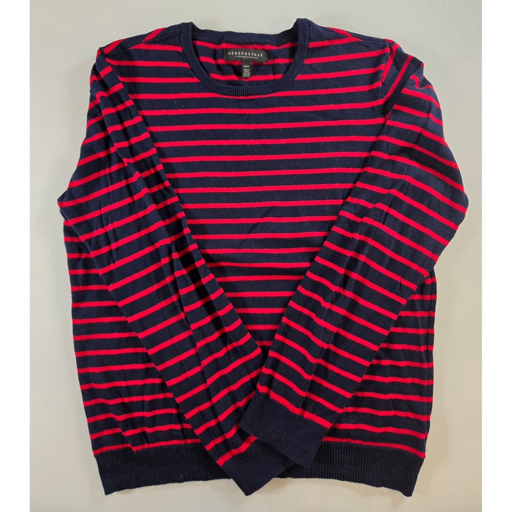 Aeropostale Mens M Navy Red Striped Crewneck Knit Sweater Pullover